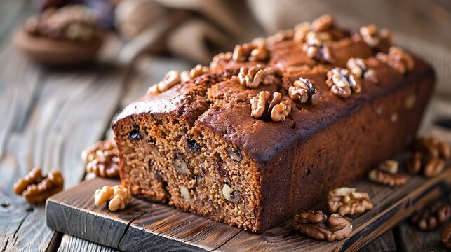 Homemade date and walnut loaf cake on old wooden table