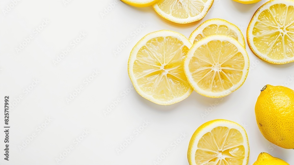 Poster Ripe lemon with slices isolated on white background with full depth of field Top view Flat lay : Generative AI