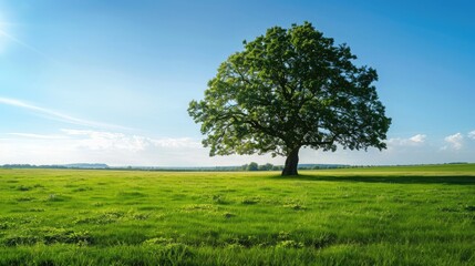 Obraz premium A solitary large tree standing tall in a vast, green meadow under a clear blue sky