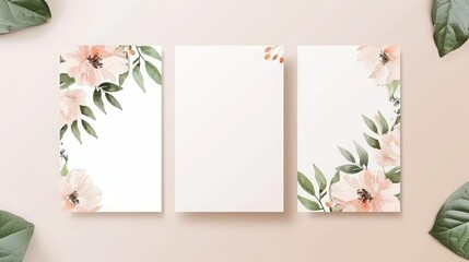 Minimal blank template card for a spring wedding invitation, adorned with watercolor floral arrangements and elegant calligraphy