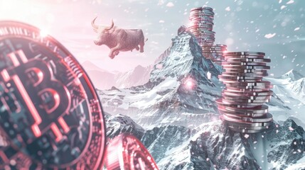 Shining Bitcoin Mountain with Flying Bull Symbolizing Bull Market. 4K HD Wallpaper with Diamond Texture. AI-generated Background.