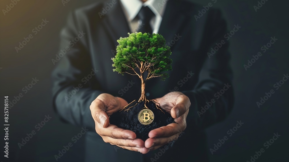 Leinwandbilder a businessman holding a coin with a tree that grows and a tree that grows on a pile of money the ide