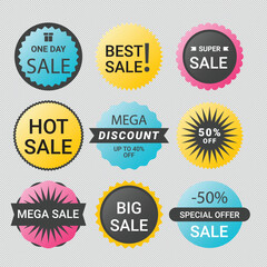 Set of vector red starburst, sunburst badges. Simple flat style vintage labels, stickers with sale discount text. Sale quality tags and labels. Template banner shopping badges