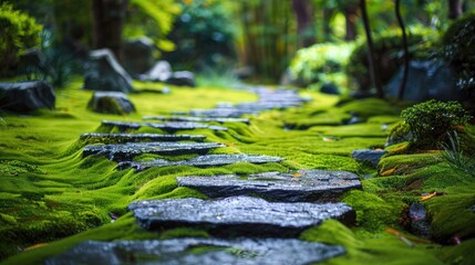 A stone pathway winding through a lush moss garden, inviting quiet contemplation and connection with nature.