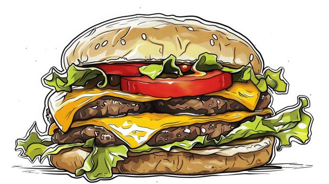 recommend clip art: A finely crafted line art representation of a classic cheeseburger, stacked high with juicy beef patties, melted cheese, crisp lettuce, and ripe tomato slices.