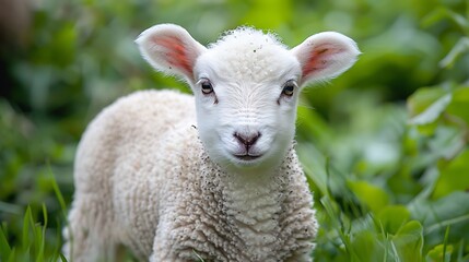 Obraz premium Lambing time close up of one cute newborn lamb facing forward in lush green field