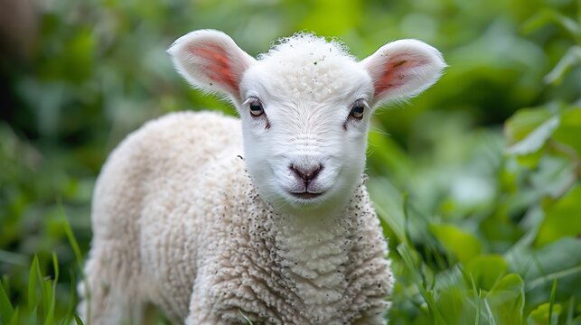 Lambing time close up of one cute newborn lamb facing forward in lush green field