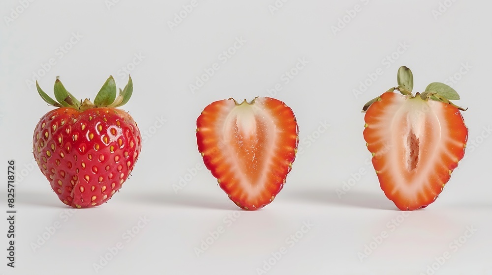 Poster isolated strawberries three fruits one cut in half on white background : generative ai