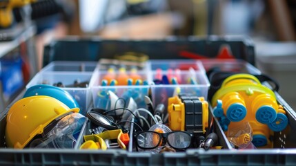 Fototapeta premium A toolbox filled with safety gear such as earplugs safety glasses and dust masks reminding workers to always have the necessary equipment on hand.
