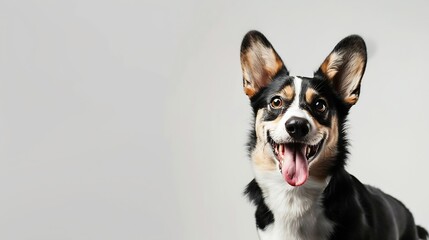 studio portrait of tri color brown black and white corgi dog standing and smiling with tongue sticking out against a white background : Generative AI