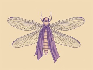 A delicate insect with translucent wings and a purple ribbon tied around its body.  vector