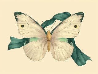 A delicate white butterfly with green accents, perched on a teal ribbon.
