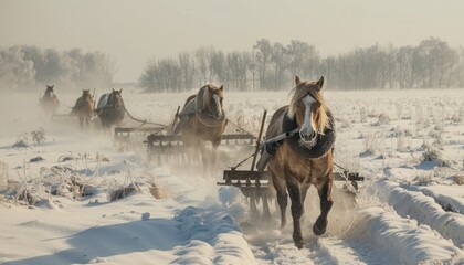 A farmer leading a team of horses through a snow-covered field, their breath hanging in the frosty air as they plow the frozen earth. The resilience of agriculture in the face of nature's