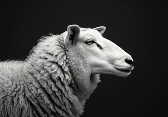 Lonely sheep in monochrome on a dark background, looking to the side