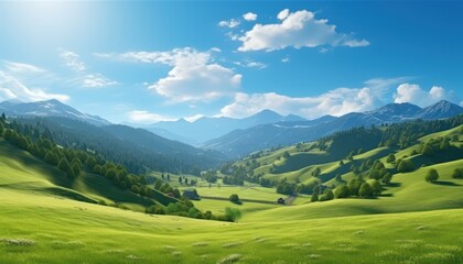 Obraz premium A stunning spring day landscaping views of fertile land surrounded beautiful green vegetation, wide stretches of hills and mountains with clear skies in spring