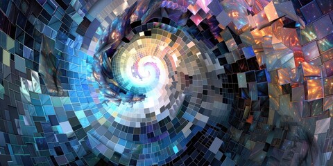 A digital mosaic of pixelated fragments converging to form a futuristic landscape of abstract allure.