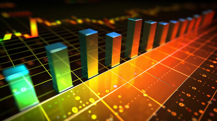 Detailed view of a brightly lit bar graph with clear data points, set against a backdrop of intricate trading charts, all in high definition.