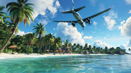 a passenger plane flies low over the sea with a beautiful beach and palm trees on a hot day. sea cruise by plane - Powered by Adobe