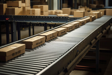 generated illustration of cardboard boxes sitting on a conveyor line at a production facility,