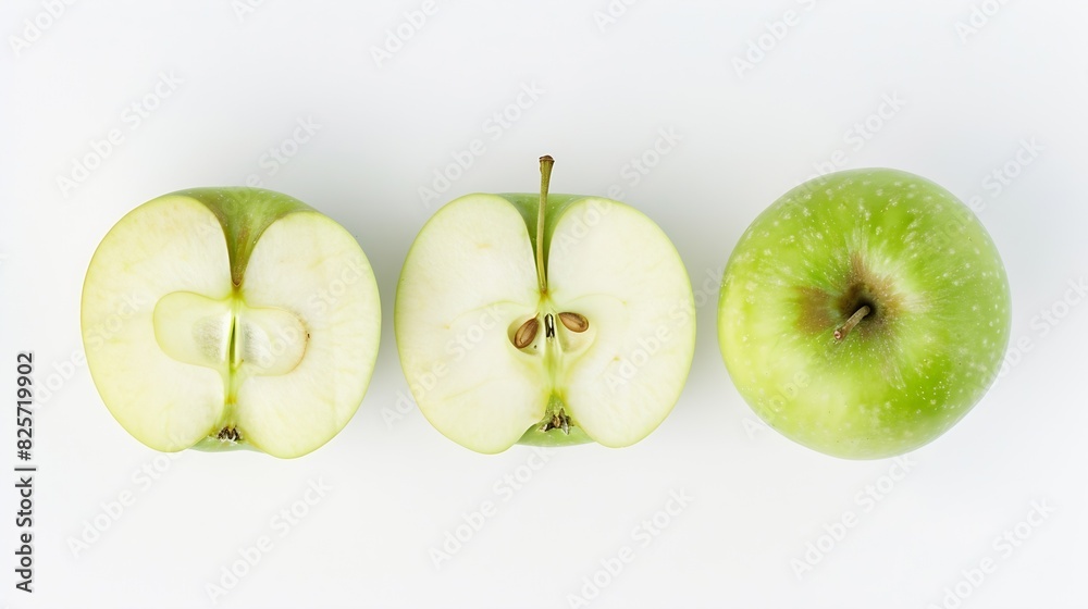 Poster Flat lay of Fresh green Apple fruit with cut in half and slice isolated on white background : Generative AI