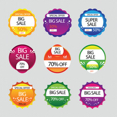 Set of vector red starburst, sunburst badges. Simple flat style vintage labels, stickers with sale discount text. Sale quality tags and labels. Template banner shopping badges