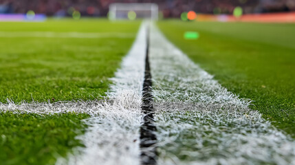 Close-up shot of a soccer field's white boundary line, with the blurred background of the field and...