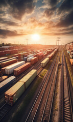 Fototapeta premium generated illustration of background container Freight Train in Station, Cargo railway transportation industry