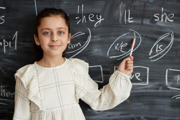 Portrait of Middle Eastern schoolgirl standing against blackboard in classroom showing English pronoun written on it and looking at camera