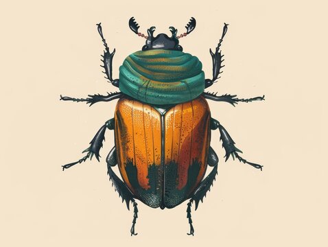 A detailed illustration of a beetle with a green and orange shell