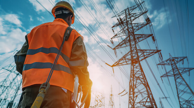 Construction worker wearing a safety vest and hard hat surveys a field of electrical transmission towers under a bright blue sky, highlighting infrastructure development.