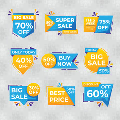 Set of vector red starburst, sunburst badges. Simple flat style vintage labels, stickers with sale discount text. Sale quality tags and labels. Template banner shopping badges