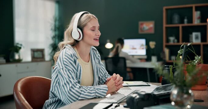 Laptop, video call and wave with woman designer in office for communication, planning or virtual meeting. Consulting, feedback or review and happy employee in creative workplace with headphones