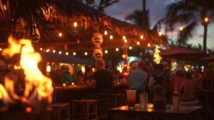 As the sun sets a tiki bar comes to life with the glow of tiki torches and the laughter of happy patrons.