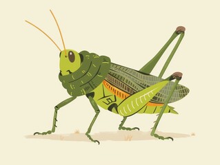 A detailed illustration of a green grasshopper with long legs and antennae, set against a beige background.