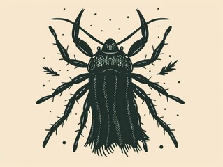 A detailed illustration of a large black insect with long legs and a spiky body.  The insect is drawn in a vintage style.