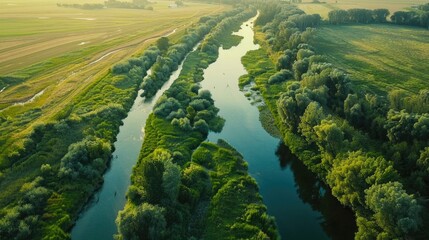 Aerial Landscape View of Green River in Polish Countryside
