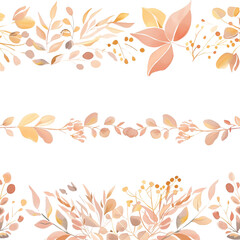 Obraz premium Watercolor Foliage Seamless Borders Clipart Set Peach Yellow Gold Tones on Transparent