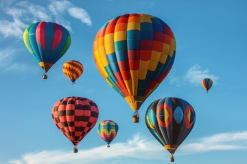 Fototapeta premium A cluster of colorful hot air balloons drifting lazily across the sky, their vibrant hues a celebration of freedom.
