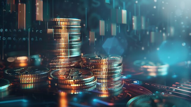 Double exposure image of coin stacks on technology financial graph backgroundEconomy trends background for business financial meltdown Cryptocurrency digital economy : Generative AI