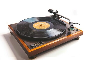 A classic vinyl record player, ready to spin beloved tunes, isolated on pure white background.