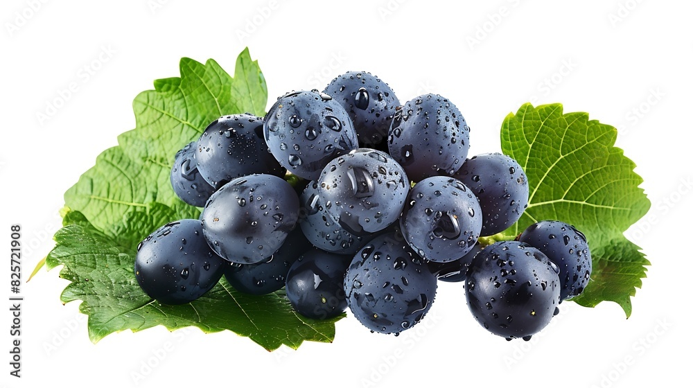 Poster Dark blue grape with leaves isolated on white background Wet fruit With clipping path Full depth of field : Generative AI