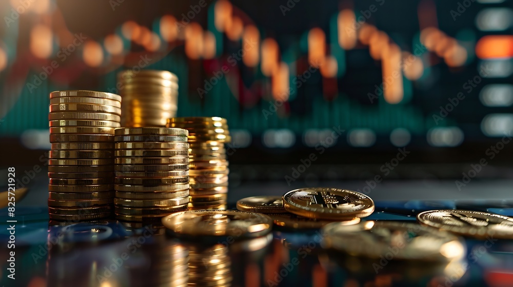 Poster financial investment concept stack of coins for finance investor with trading graph growth stock mar