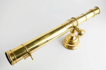 Naklejka premium A classic brass telescope, its lenses polished to perfection, isolated on pure white background.
