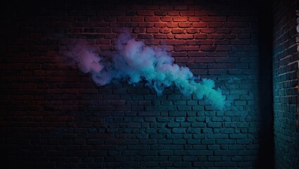  A brick wall with smoke coming out of it and a brick wall with a brick wall behind it. Empty dark background with smoke, abstract background with glowing lines.
