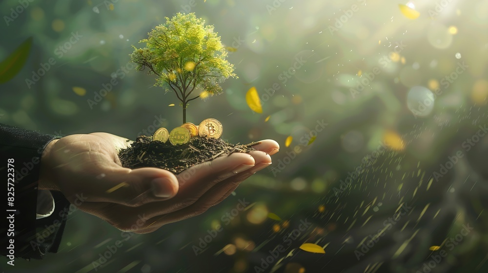 Leinwandbilder a businessman holding a coin with a tree that grows and a tree that grows on a pile of money the ide