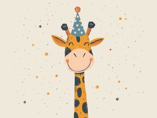 Naklejka premium A smiling giraffe wearing a party hat against a light background with confetti.