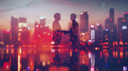 Business partners shaking hands close up, focus on, copy space vibrant hues, Double exposure silhouette with city skyline