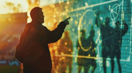 Football coach giving instructions close up, focus on, copy space striking colors, Double exposure silhouette with tactical board