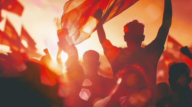 Football fans cheering in stadium close up, focus on, copy space rich tones, Double exposure silhouette with waving flags
