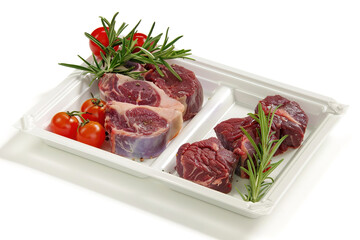 Meat and poultry in biodegradable packaging.